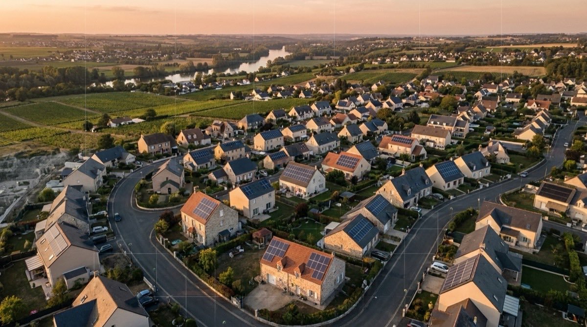 Vue aérienne d’un quartier résidentiel avec de nombreuses toitures équipées de panneaux photovoltaïques