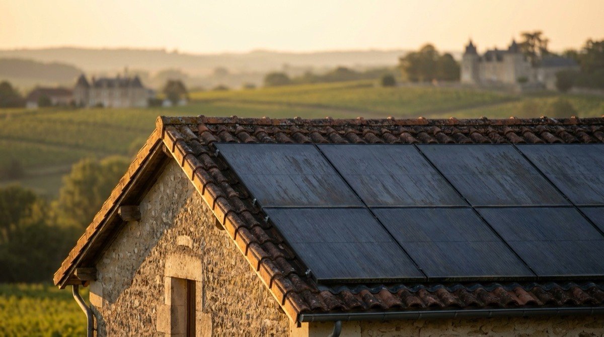 Panneaux solaires sur toiture en tuiles d’une maison en pierre, paysage de campagne au soleil couchant
